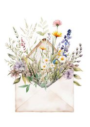 A floral envelope containing a variety of colorful wildflowers, including daisies, lavender, and other delicate blooms. The envelope appears to be made of sustainable materials, making it suitable for party cards or invitations.