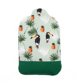 Soft, plush hot water bottle with a tropical pineapple and toucan print design. Provides warmth and comfort.