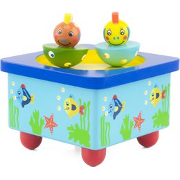 The product is a musical box in the shape of two fish. The box is colorful and features decorative elements like stars and grass. The description should focus on the key details of the product, such as the shape, colors, and musical functionality, to enable effective semantic search.

description: Colorful musical box in the shape of two fish. Features vibrant green, yellow, and orange colors. Decorative elements like stars and grass add visual interest. Plays music when opened, providing soothing sounds for babies and young children.