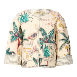  Peach, pink, and ivory colored kids jacket with a tropical floral print design. The jacket has a button-up closure and puff sleeves.