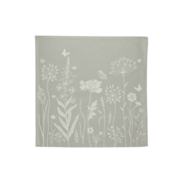  Green tea towel with floral pattern featuring butterflies, flowers, and leaves.