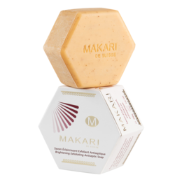Brightening, exfoliating, and antiseptic soap with a hexagonal shape.