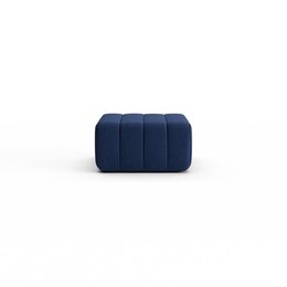 Dark blue, rectangular ottoman with tufted upholstery.