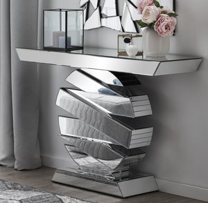 Tafel gemaakt van MDF met spiegelglas, ronde voet