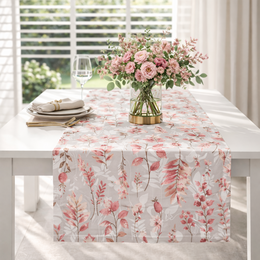 Pink and red wild rose floral pattern table runner, botanical design, 50x220cm, elegant home decor.