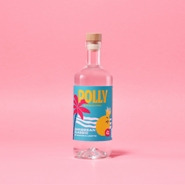  A 500 ml bottle of POLLY Caribbean Classic, a non-alcoholic rum alternative, with a bright blue and yellow label featuring a tropical fish design.