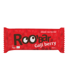 Organic goji berry snack bar, 30g, red packaging with brand name "Roobar" and product name "Goji Berry".