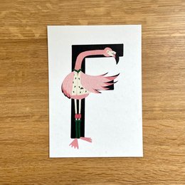 Whimsical pink flamingo illustration on a greeting card. Suitable for a variety of occasions.