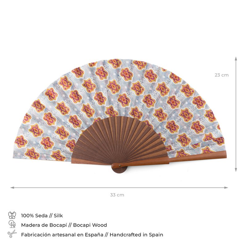 Handcrafted Silk Fan with Geometric Ikat Pattern in Vibrant Colors