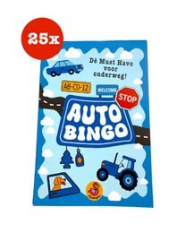 "Auto Bingo game with colorful bingo card featuring car-themed icons and text. Suitable for road trips and family fun."
