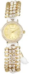 Gold-tone women's watch with crystal-embellished textile strap, round dial, elegant dress watch