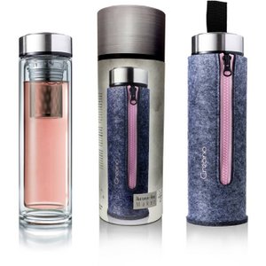 Creano Thermo-Teamaker, exclusive tea bottle, double-walled with stainless steel strainer & stainless steel lid in an elegant felt bag, pink (400ml) in a high-quality gift box