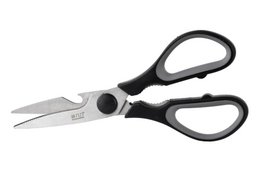  A pair of black and silver kitchen scissors measuring 21cm in length. The scissors have sharp, stainless steel blades and a comfortable, ergonomic grip.
