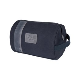  A navy blue canvas and genuine leather toiletry bag with a side handle and zipper closure. Dimensions: 25 x 15 x 17 cm.