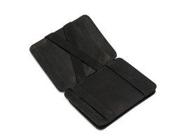 Black leather wallet with RFID protection, featuring a compact design and multiple card slots for secure storage.
