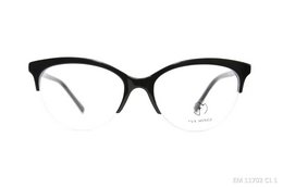 Black rectangular eyeglasses with clear lenses and a subtle pattern on the frames.