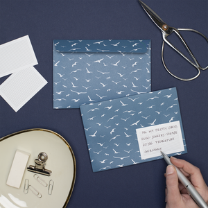 Envelopes DIN C6 with maritime seagull pattern in dark blue, set of 8 envelopes with self-adhesive flap and adhesive labels for writing