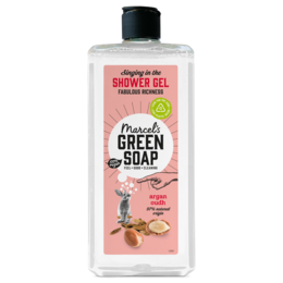 A shower gel with argan and oudh scents, packaged in a clear bottle with a pink label featuring a floral design.