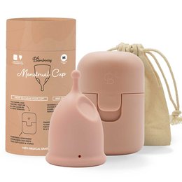 Bamboozy Menstrual Cup Set with Sterilizer, a sustainable and eco-friendly intimate care product available in small, medium, and large sizes. The set includes a menstrual cup and a sterilizer for easy cleaning.