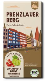 Organic and fair-trade chocolate bar from Prenzlauer Berg, Berlin, featuring 60% cocoa and a blend of Johannis and green currants.