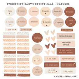 The image shows a set of stickers for a baby's first year, with various natural-themed designs and text labels. The stickers include different colors, shapes, and text elements that could be relevant for an e-commerce product search, such as "round", "heart", "Father's day", and "natural".