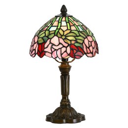 A Tiffany-style table lamp with a round, dome-shaped shade featuring a floral pattern in shades of green, pink, and red. The lamp has a bronze-colored base and stands approximately 39 cm tall.