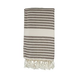 A striped brown and white hammam towel with tasseled edges, suitable for use in the bathroom or as a beach towel.