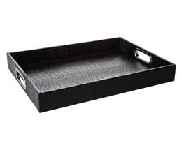 Rectangular black serving tray with stainless steel handles and crocodile-embossed texture.