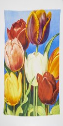 Multicolor tulip print cotton scarf with a vibrant, floral design in shades of red, yellow, and blue.