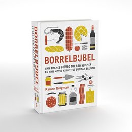 A cookbook titled "Borrel Bubel" featuring various food and drink items, including sausages, cheese, and wine.