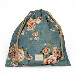  Teal floral lunch box with rose flowers, drawstring closure, vintage botanical pattern design.