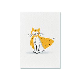 Colorful illustration of a cat with a spotted pattern on a postcard.