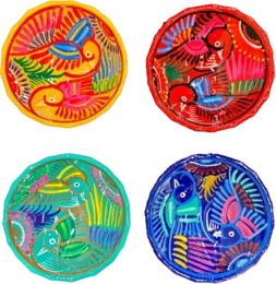  Mexican folkloric ceramic bowl, colorful hand-painted birds animals, round medium size, vibrant red yellow blue green