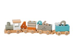  Wooden toy locomotive with building blocks, featuring a variety of colors and shapes, suitable for imaginative play.