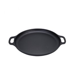 A large, round cast iron frying pan without a handle, suitable for cooking a variety of dishes on the stovetop or in the oven.