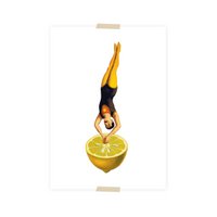 Postcard collage acrobat diving into lemon