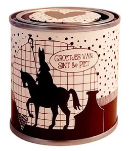 Dose mit Text ''Greetings Sint & Piet'' gestreift 7,3 x 7,7 cm Dose ist leer, damit Sie sie selbst befüllen können.