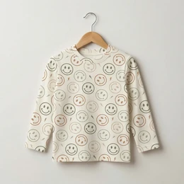 Beige Kids Long Sleeve T-shirt with Smiley Print