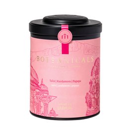 Aromatic tea blend with tulsi, cardamom, and papaya flavors in a decorative tin.