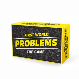 "First World Problems: The Game is a humorous card game that allows players to share and discuss their minor inconveniences and first-world issues. The game features a black and yellow box design with text and icons related to modern problems."