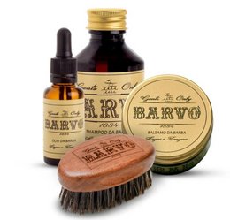 A pack of beard care products including a bottle of beard oil, a tin of beard balm, and a beard brush. The products feature a rustic, natural design with the brand name "Barvò" prominently displayed.