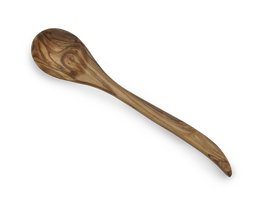  Handmade olive wood spoon, natural brown color, long handle, rounded bowl, rustic kitchen utensil