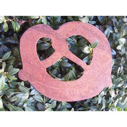 A decorative metal pretzel-shaped hanging ornament in a rusty, patina finish. The pretzel shape features a heart-shaped cutout design. Measures approximately 13cm x 15cm.