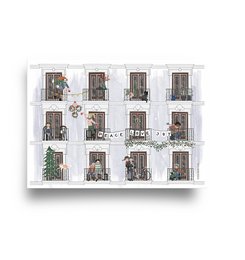 A4 poster featuring 12 illustrations of winter-themed window frames with wreaths, plants, and other decorative elements.