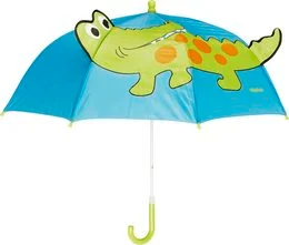 "Blue and green umbrella with a crocodile design, suitable for babies and toddlers. Features a round, tall shape and a playful, animal-inspired style."