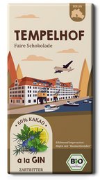 Organic and fair-trade Tempelhof Berlin chocolate bar with 60% cocoa content and a la gin flavor.