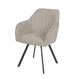  Beige upholstered dining chair with a curved backrest and black metal legs.