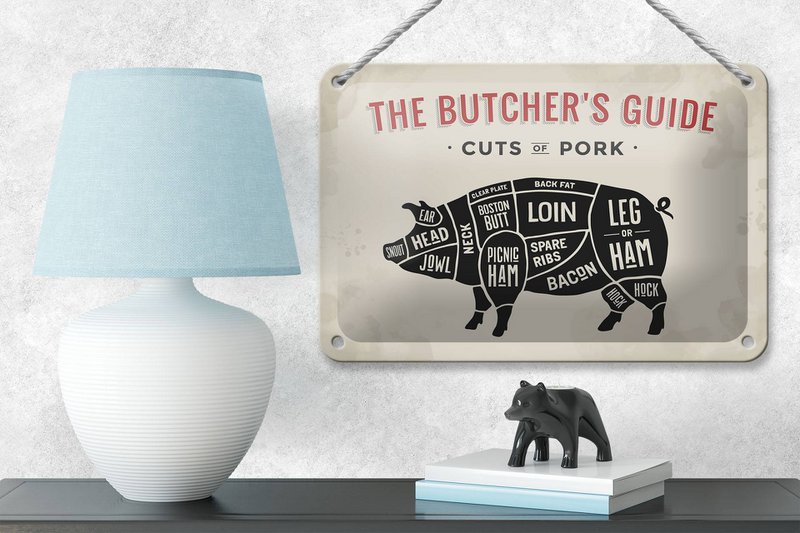 Tin sign pig 18x12cm Pork cuts butcher shop Fliesch decoration