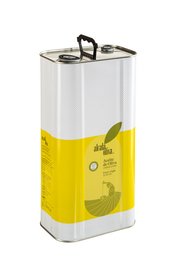 Large 5 liter tin of extra virgin olive oil with yellow and white label design.
