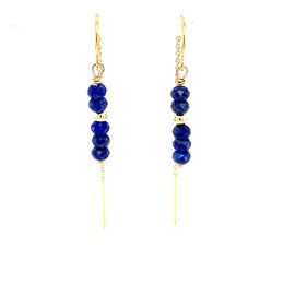  Elegant blue beaded earrings with a gold-tone chain and hook. The earrings feature a linear design with three round blue beads, creating a chic and sophisticated look.
